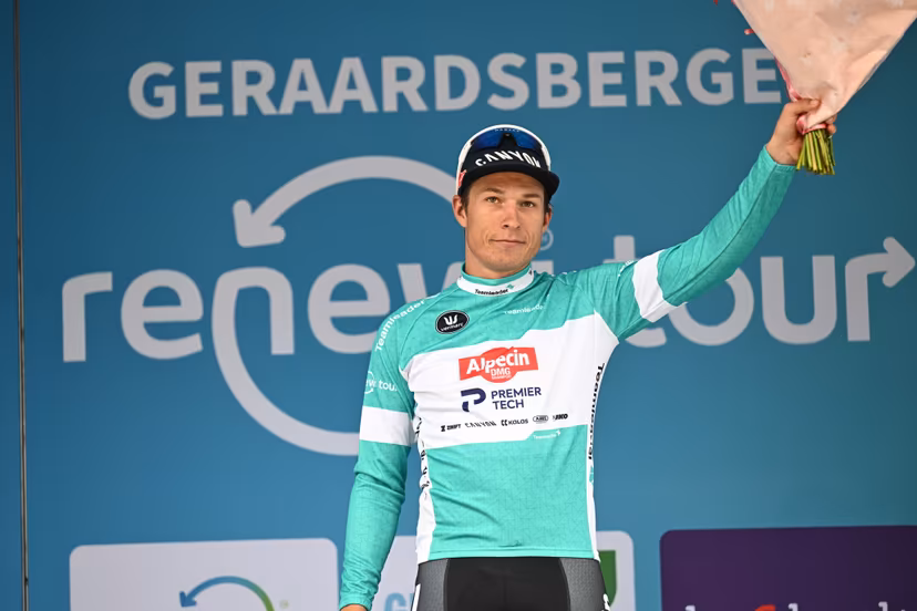Belgian Jasper Philipsen, leader in the points ranking, pictured on the podium of stage three of the 'Renewi Tour' multi-stage cycling race, from Celles to Geraardsbergen (182 km) on Friday 21 August 2026. The five-day race takes place from 19 to 23/08. BELGA PHOTO DAVID PINTENS