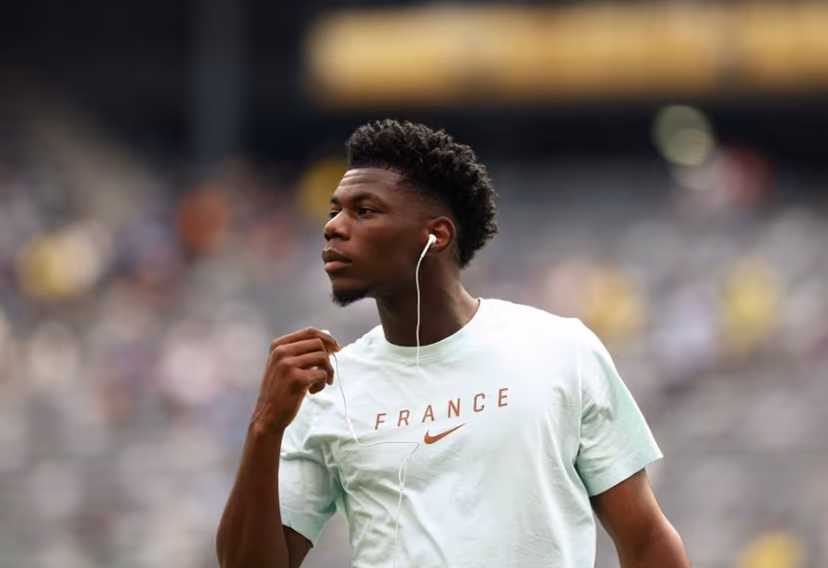 France's midfielder #08 Aurelien Tchouameni walk on he the pitch ahead of the 2026 World Cup round of 32 football match between France and Sweden at the New York/New Jersey Stadium in East Rutherford on June 30, 2026. FRANCK FIFE / AFP