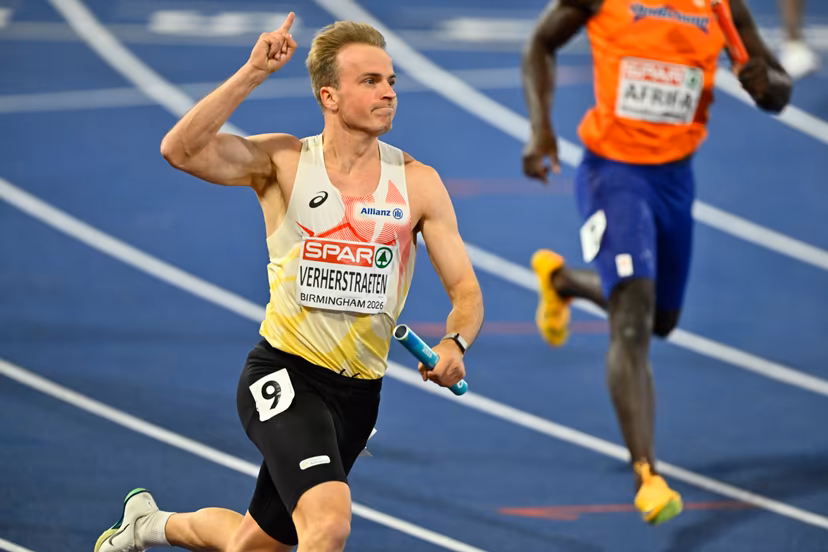 Belgian athlete Simon Verherstraeten celebrates at the final of the men's 4x100m relay race, on the seventh day of the European Athletics Championships (August 10-18) in Birmingham, United Kingdom, on Saturday 15 August 2026. Belgian team finished third and won a bronze medal. BELGA PHOTO ERIC LALMAND