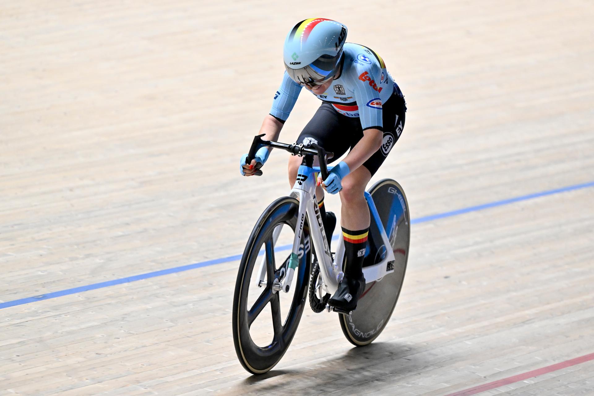 Belgian Lani Wittevrongel pictured in action during the women's Points Race final at the 2025 UEC Track Elite European Championships, in Heusden-Zolder, Belgium, Saturday 15 February 2025. The European Championships take place from 12 to 16 February. BELGA PHOTO DIRK WAEM