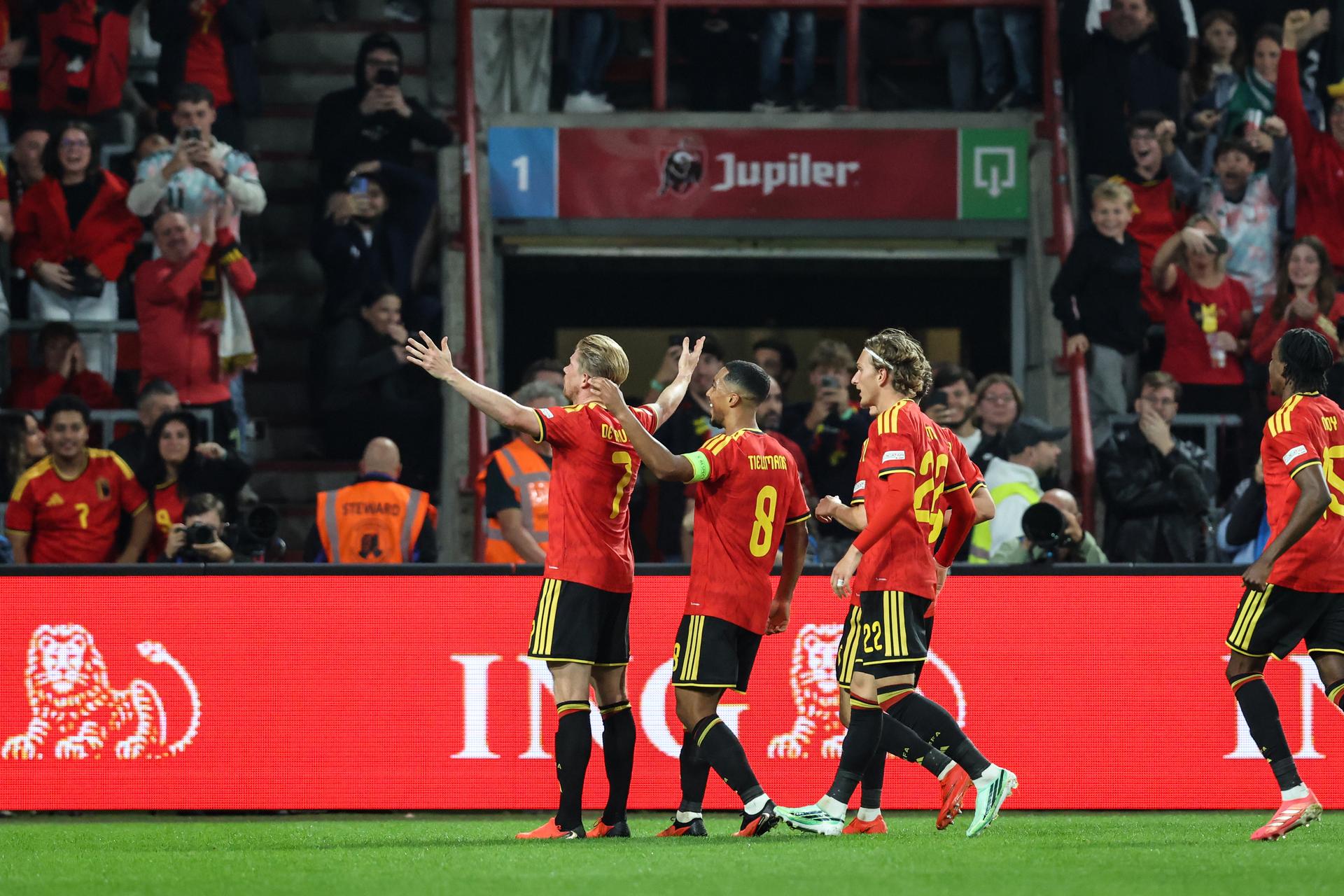 Belgium's Kevin De Bruyne celebrates after scoring during a soccer game between Belgian national team Red Devils and Turkey, on Friday 2 October 2026 in Liege, the third game of the UEFA Nations League group stage. BELGA PHOTO BRUNO FAHY