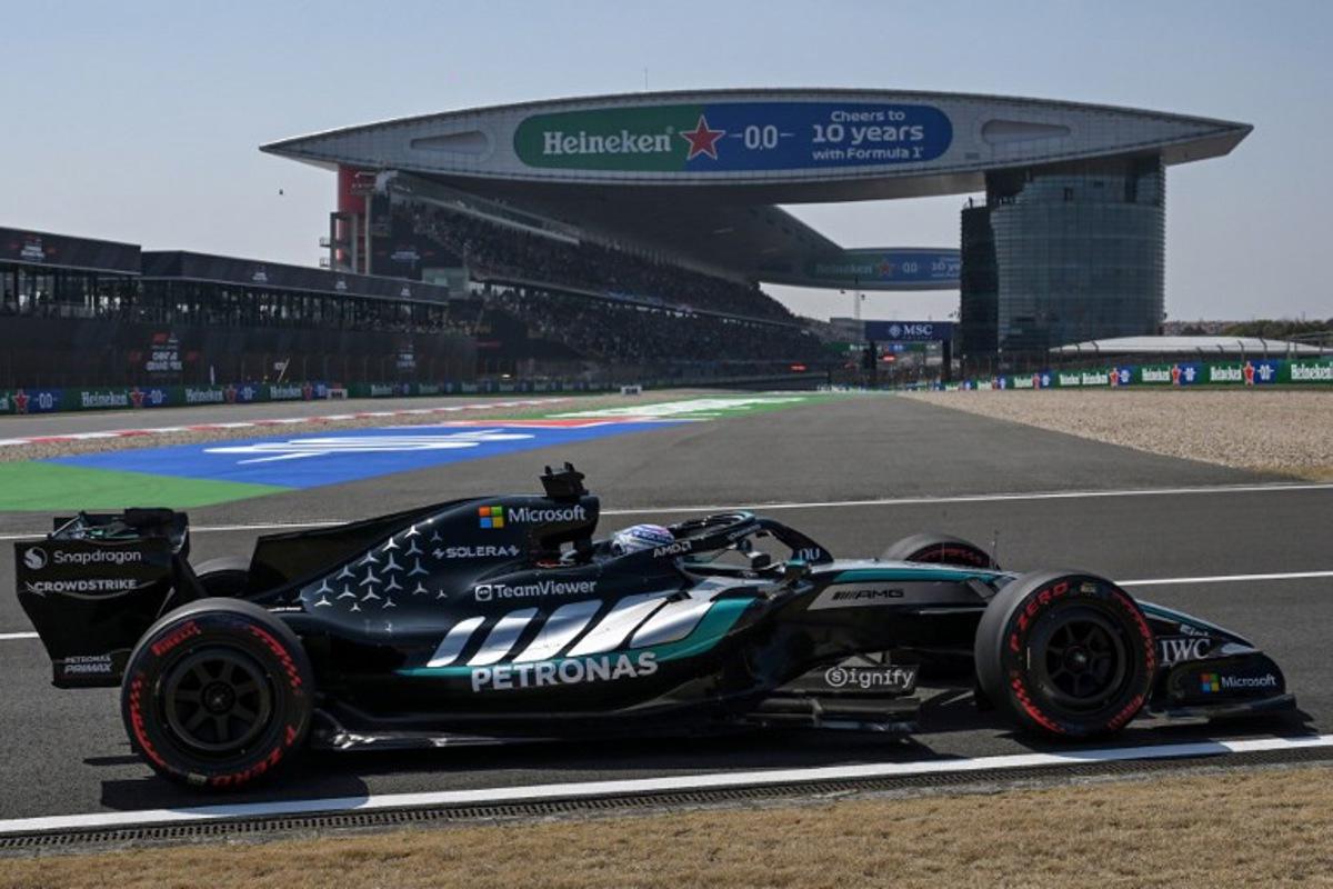 Mercedes' British driver George Russell drives during a practice session ahead of the Formula One Chinese Grand Prix at the Shanghai International Circuit in Shanghai on March 13, 2026. GREG BAKER / AFP