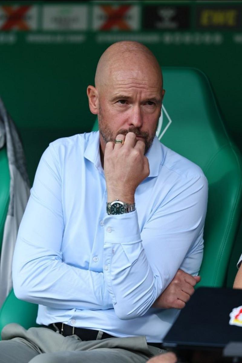 Bayer Leverkusen's Dutch head coach Erik ten Hag looks on ahead the German first division Bundesliga football match between Werder Bremen and Bayer Leverkusen in Bremen on August 30, 2025. Ibrahim OT / AFP