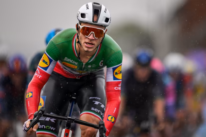 Italian Jonathan Milan of Lidl-Trek crosses the finish line at the first stage of the 'Renewi Tour' multi-stage cycling race, from Diest and back (191,3 km) on Wednesday 19 August 2026. The five-day race takes place from 19 to 23/08. BELGA PHOTO DAVID PINTENS