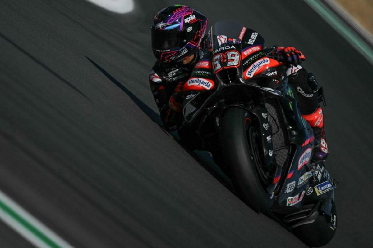 Aprilia Racing's Spanish rider Jorge Martin takes part in the MotoGP Practice Session on the first day of the MotoGP British Grand Prix weekend at Silverstone circuit, central England on August 7, 2026. Glyn KIRK / AFP