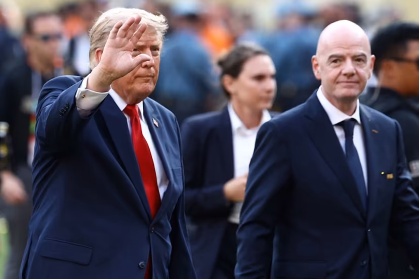 FIFA President Gianni Infantino (R) and US President Donald Trump arrive for the final ceremony after the 2026 World Cup football tournament final match between Spain and Argentina at the New York/New Jersey Stadium in East Rutherford on July 19, 2026. CHARLY TRIBALLEAU / AFP