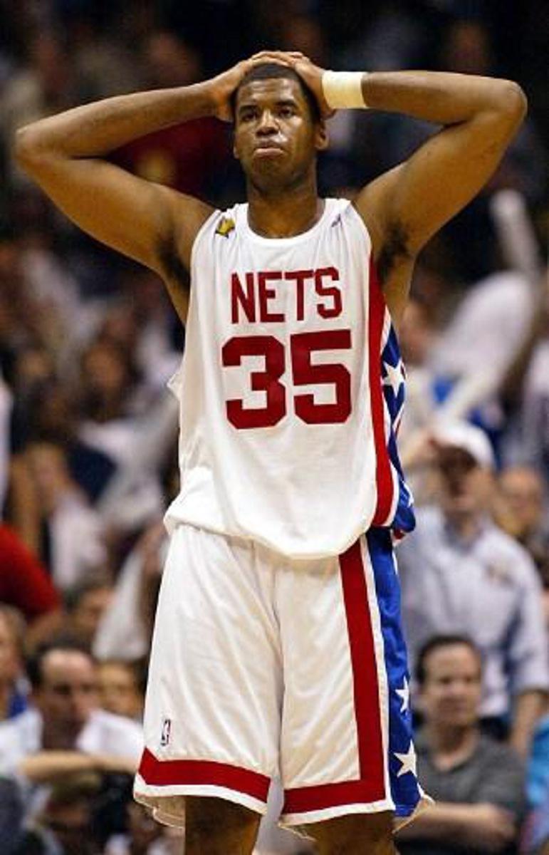 New Jersey Net Jason Collins reacts to a foul call in the second half during game 5 against the San Antonio Spurs 13 June, 2003 during the NBA Finals in East Rutherford, NJ. The Spurs won the game 93-83 to take a 3-2 lead in the series. AFP PHOTO Don EMMERT