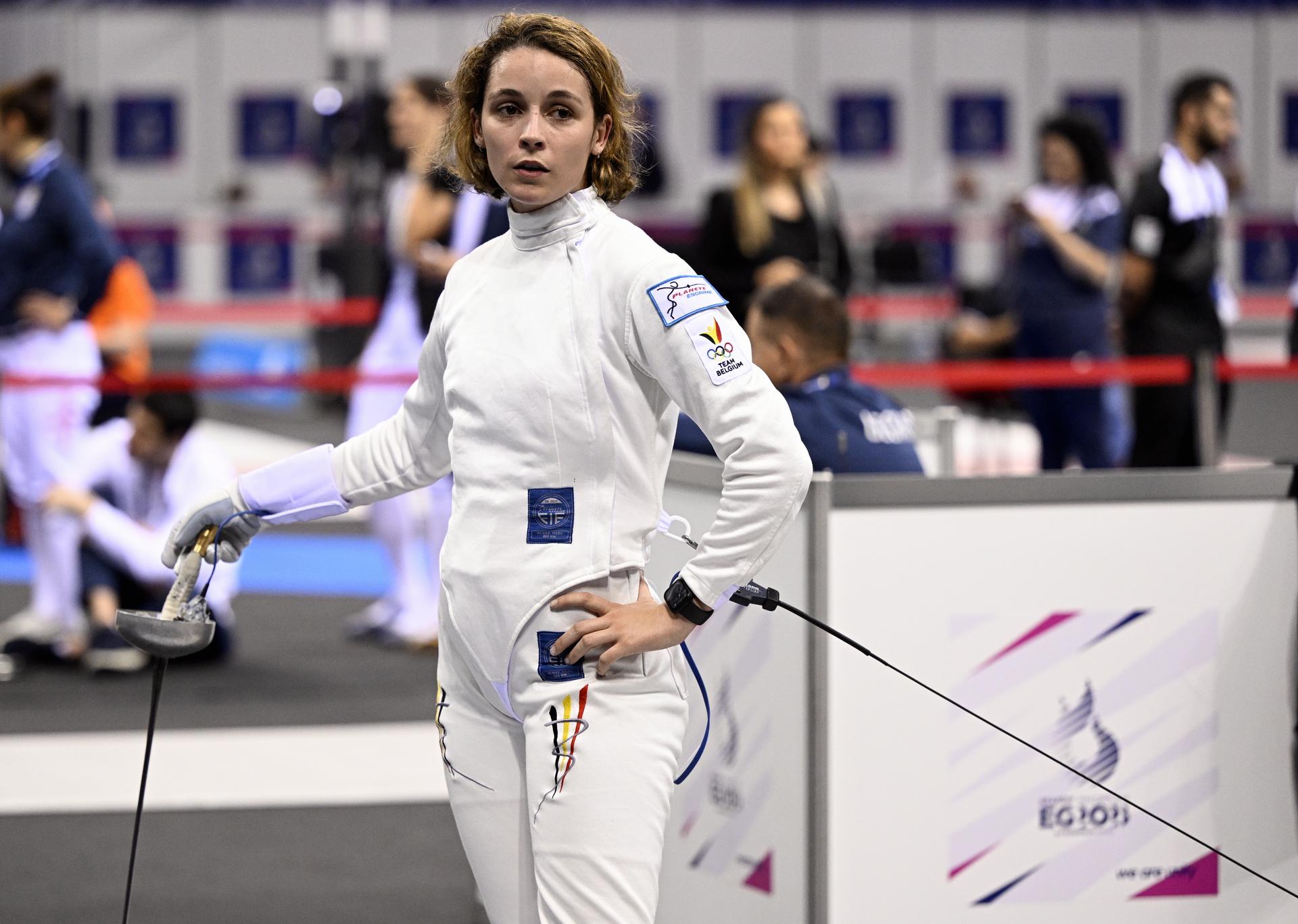 Fencing Athlete Aube Vandingenen reacts during a fight in the women's epee competition, at the European Games in Krakow, Poland on Monday 26 June 2023. The 3rd European Games, informally known as Krakow-Malopolska 2023, is a scheduled international sporting event that will be held from 21 June to 02 July 2023 in Krakow and Malopolska, Poland. BELGA PHOTO LAURIE DIEFFEMBACQ