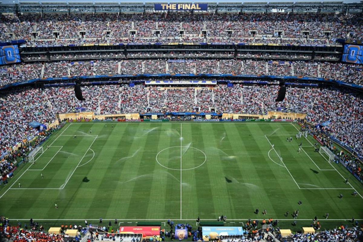 A general view of spectators in the stands ahead of the 2026 World Cup football tournament final match between Spain and Argentina at the New York/New Jersey Stadium in East Rutherford on July 19, 2026. MAURO PIMENTEL / AFP