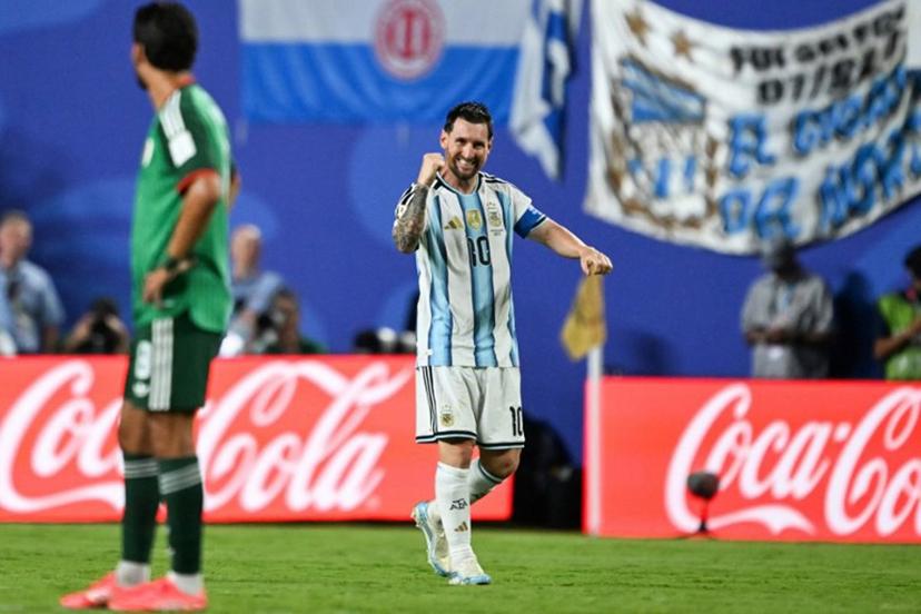 Argentina's forward #10 Lionel Messi celebrates scoring his team's third goal during the 2026 World Cup Group J football match between Argentina and Algeria at the Kansas City Stadium in Kansas City on June 16, 2026. ROBERTO SCHMIDT / AFP