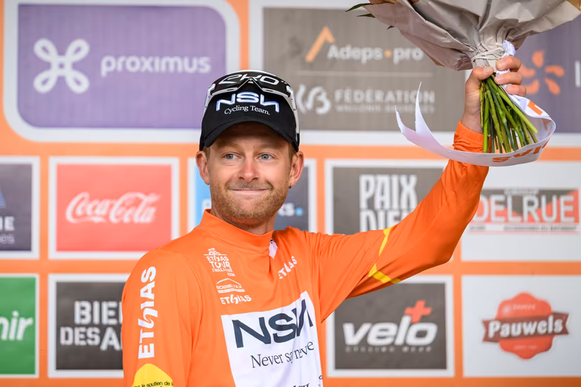 American Riley Sheehan of NSN Cycling Team pictured on the podium after the fourth stage of the Tour De Wallonie cycling race, from Dison to Eupen (166,7 km), on Thursday 04 June 2026. BELGA PHOTO DAVID PINTENS