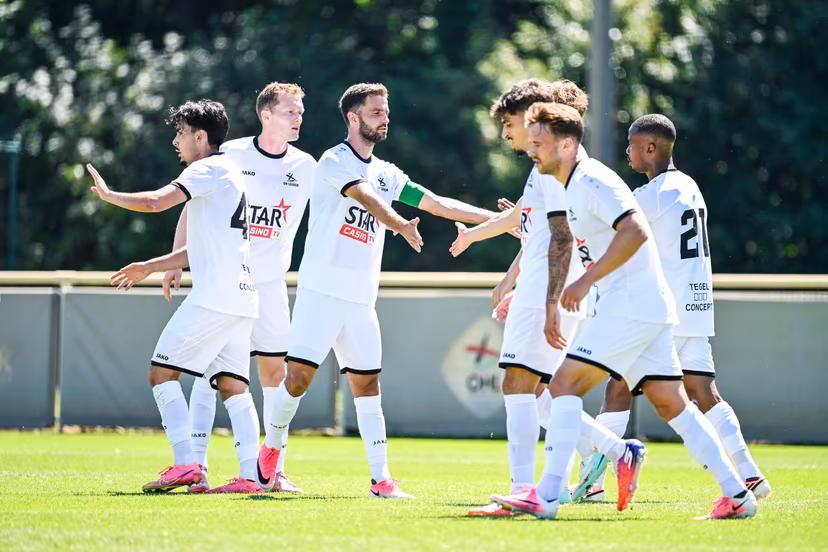 OHL's Thibault Vlietinck, OHL's Siebe Schrijvers and OHL's William Balikwisha celebrate after scoring during a friendly soccer game between OH Leuven vs Crossing Schaarbeek, on Saturday 04 July 2026 in Leuven, in preparation of the upcoming 2026-2027 Belgian first division soccer season. BELGA PHOTO TOM GOYVAERTS