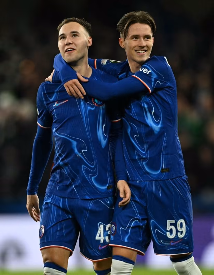 Chelsea's Harvey Vale (L) and Chelsea's Harrison Murray-Campbell celebrate after the UEFA Europa Conference League football match between Chelsea and Shamrock Rovers at Stamford Bridge in London on December 19, 2024. Chelsea won the match 5-1. JUSTIN TALLIS / AFP