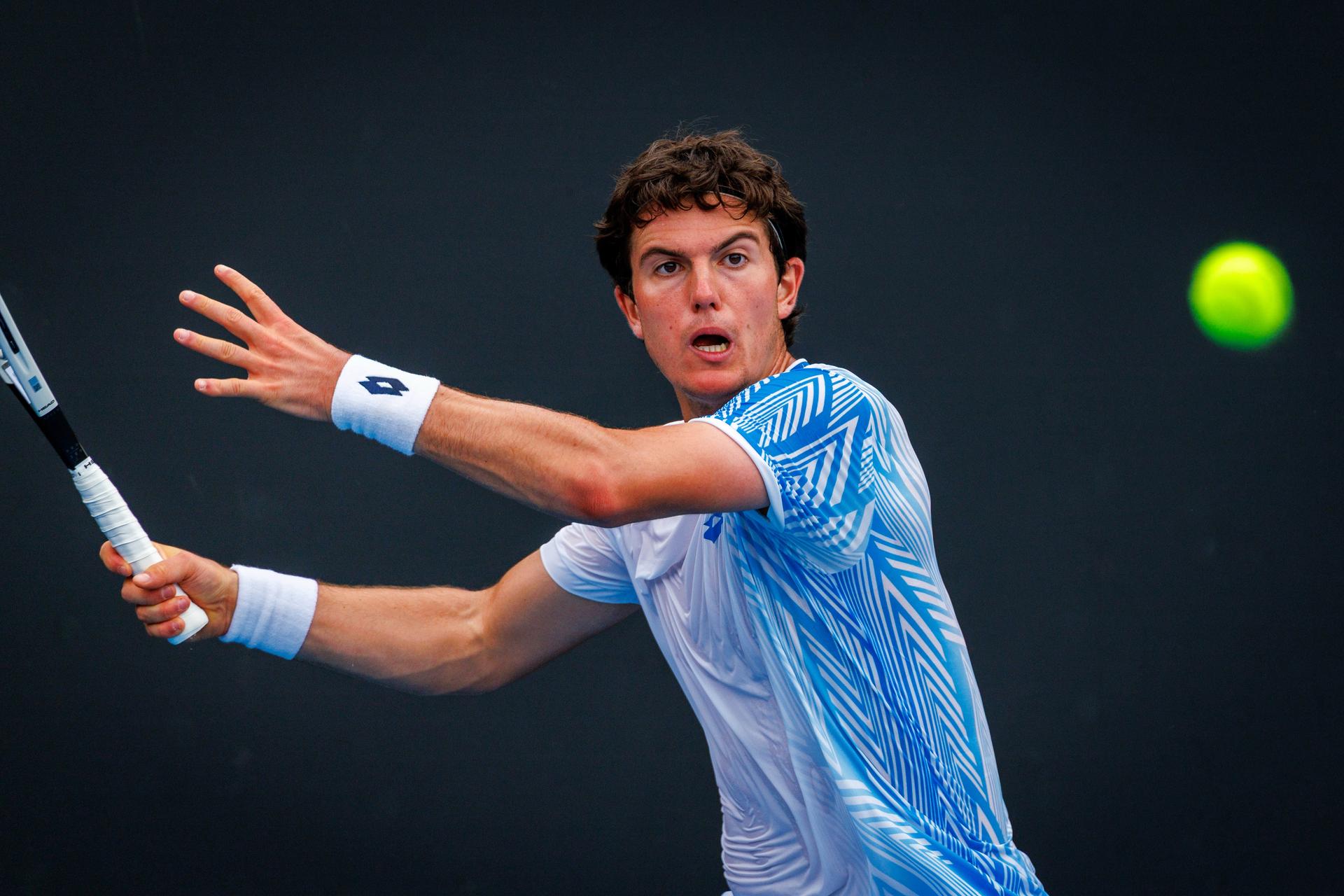Belgium's Gilles-Arnaud Bailly pictured in action during a third round qualifying match in the men's singles against USA's Damm at the Australian Open, Melbourne Park, Melbourne on Thursday 15 January 2026. BELGA PHOTO PATRICK HAMILTON --- BENELUX ONLY ---
