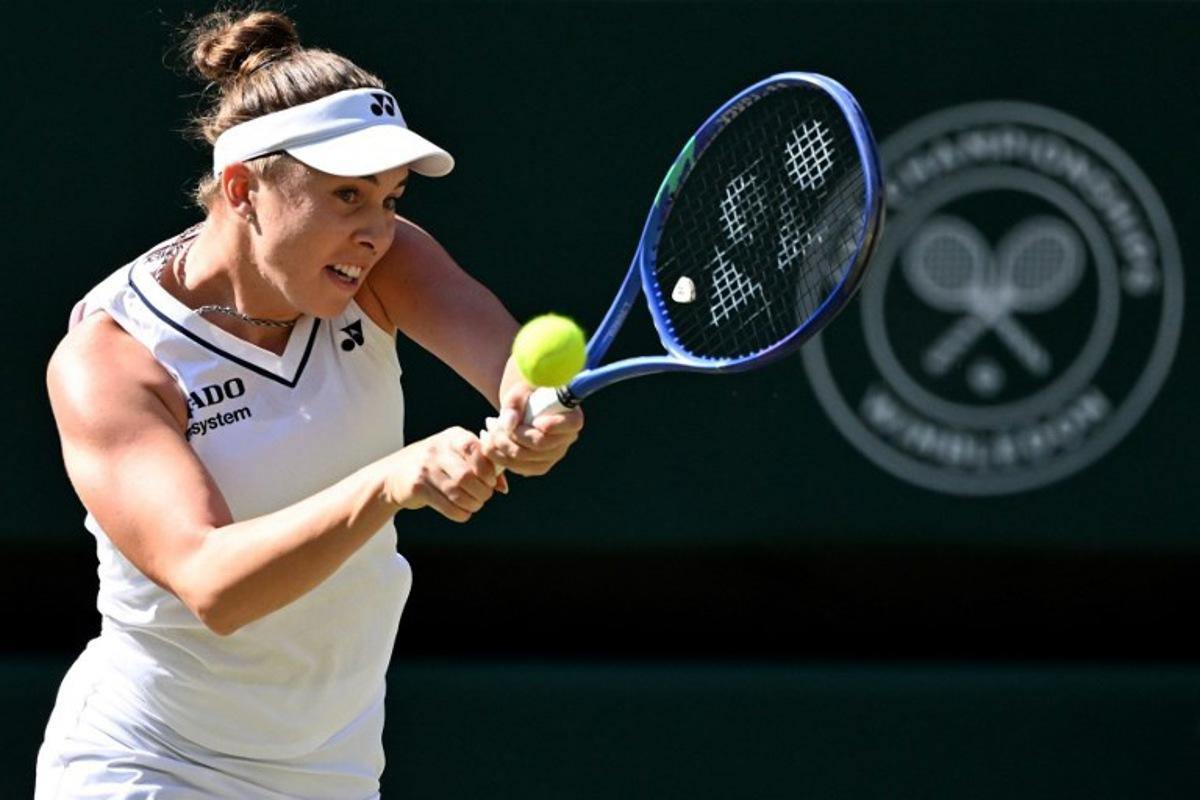 Czech Republic's Linda Noskova returns to Czech Republic's Karolina Muchova during their women's singles final tennis match on the thirteenth day of the 2026 Wimbledon Championships at The All England Lawn Tennis and Croquet Club in Wimbledon, southwest London, on July 11, 2026. Kirill KUDRYAVTSEV / AFP