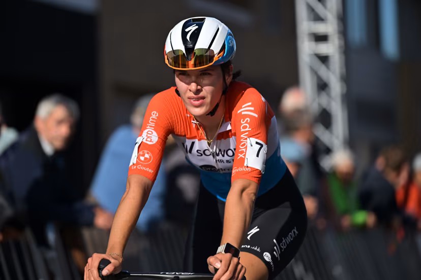 Luxembourg's Marie Schreiber crosses the finish line of the women elite race of the 'Kermiscross' cyclocross cycling event, on Thursday 15 October 2026, in Ardooie. BELGA PHOTO DAVID PINTENS
