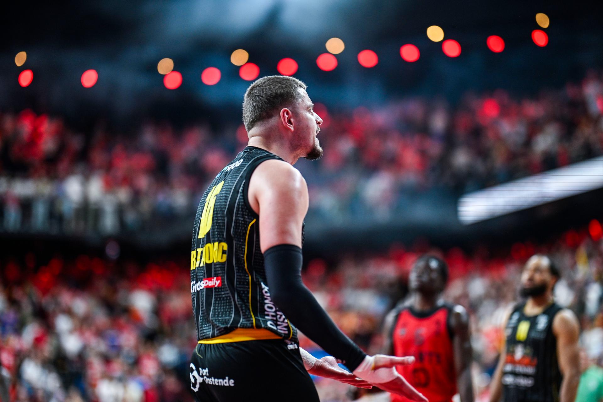 Oostende's Haris Bratanovic looks dejected during a basketball match between Antwerp Giants and BC Oostende, Saturday 13 June 2026, in Antwerp, the fifth and last deciding match of the Final of the Playoffs of the 'BNXT League' Belgian/ Dutch first division basket championship. BELGA PHOTO TOM GOYVAERTS