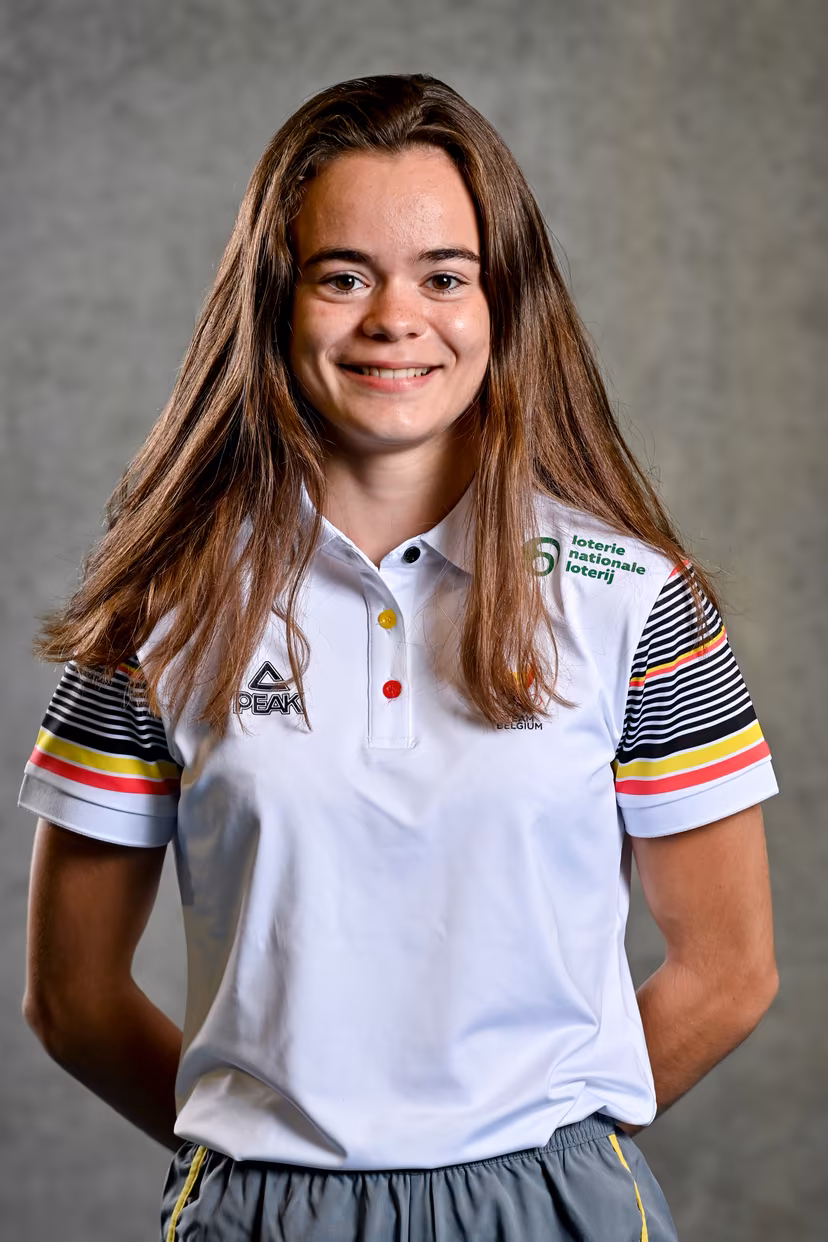 Victoria Sibille poses during a team building exercise for the athletes competing in the 2022 Summer European Youth Olympic Festival (EYOF), Wednesday 20 July 2022 in Louvain-la-Neuve. The 2022 EYOF will take place in Banska Bystrica, Slovakia, from 24 to 30 July. BELGA PHOTO DIRK WAEM