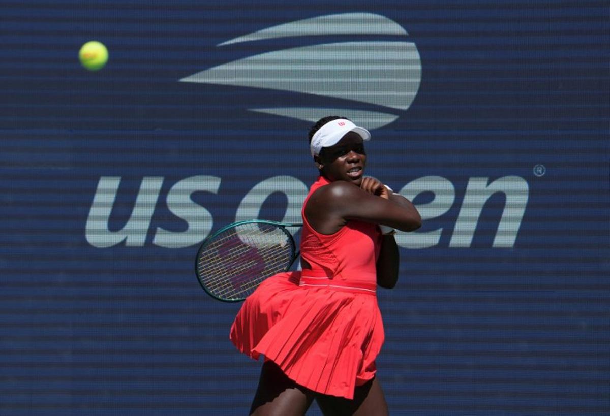 Canada's Victoria Mboko plays a plays a forehand return to Czech Republic's Barbora Krejcikova during their women's singles first round tennis match on day two of the US Open tennis tournament at the USTA Billie Jean King National Tennis Center in New York City, on August 25, 2025. TIMOTHY A. CLARY / AFP