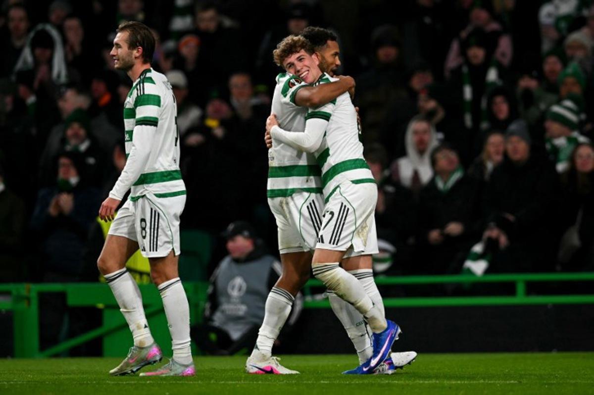 Celtic's US defender #06 Auston Trusty (C) celebrates scoring the team's fourth goal during the UEFA Europa League league-stage football match between Celtic and FC Utrecht at Celtic Park in Glasgow on January 29, 2026. ANDY BUCHANAN / AFP