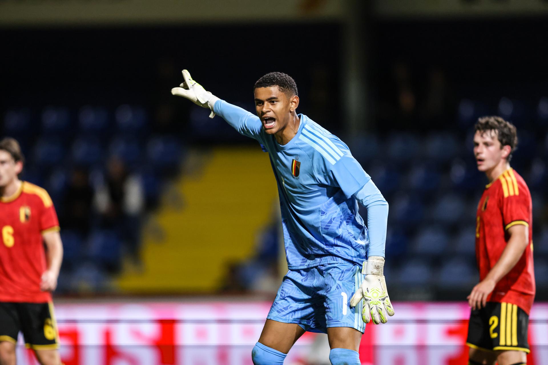Belgium's goalkeeper Lucca Mounganga Brughmans reacts during a soccer game between Belgium U21 and Belarus U21, Thursday 24 September 2026 in Westerlo, qualifier 6/8 for the 2027 European Championships. BELGA PHOTO BRUNO FAHY
