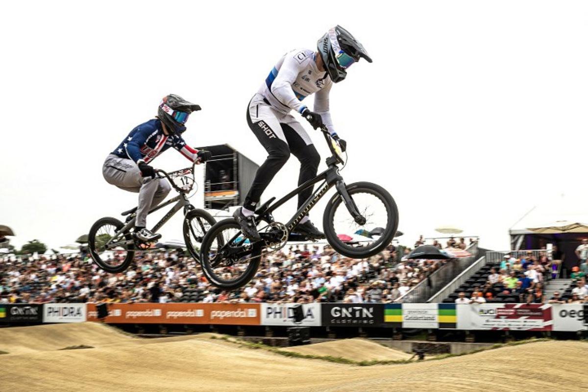 France's Arthur Pilard (R) competes during the 12th edition of the 2025 UCI BMX Racing World Cup in Arnhem on June 22, 2025. Bart Stoutjesdijk / ANP / AFP