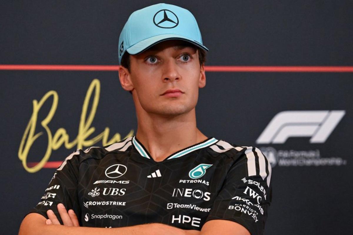 Mercedes' British driver George Russell attends a press conference ahead of the Formula One Azerbaijan Grand Prix at the Baku City Circuit in Baku on September 23, 2026. Igor IVANKO / AFP