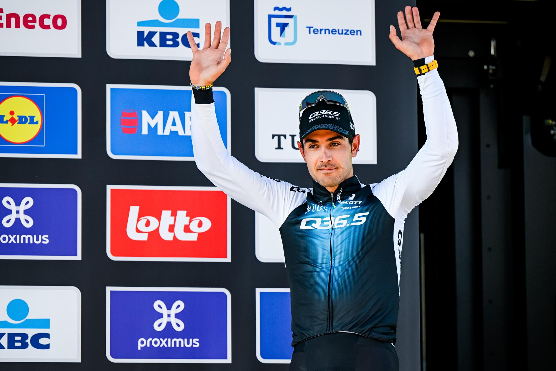 Italian Matteo Moschetti of Q36.5 Pro Cycling Team pictured on the podium after the men's race of the 113th edition of the 'Scheldeprijs' one day cycling event, 202,8 km from Terneuzen, the Netherlands to Schoten, Belgium on Wednesday 09 April 2025. BELGA PHOTO TOM GOYVAERTS