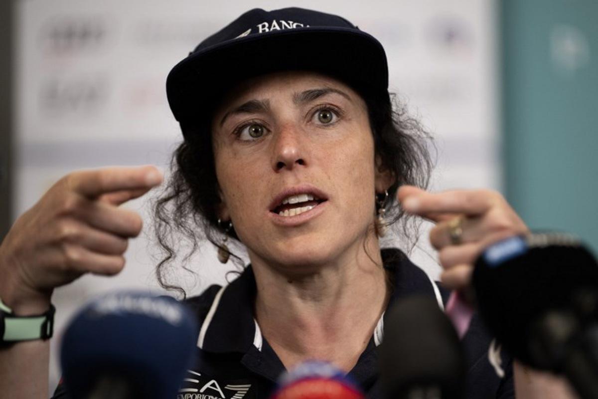 Italian skier Federica Brignone gives a press conference at the JMedical Center in Turin on June 3, 2025. Italian ski star Federica Brignone faces a race against time to be fit for next year's Winter Olympics as she recovers from a broken leg at the italian ski championships in the last April. MARCO BERTORELLO / AFP