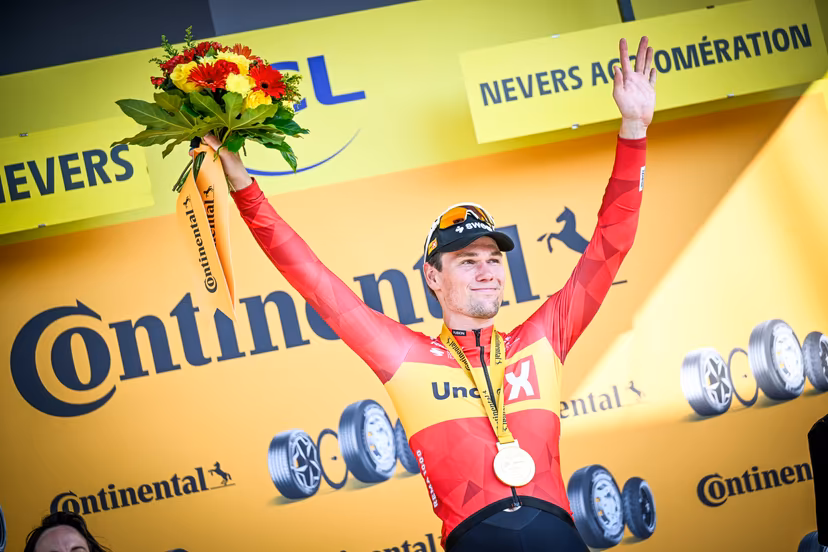 Norwegian Soren Waerenskjold of Uno-X Mobility celebrates on the podium after winning the stage 11 of the 2026 Tour de France cycling race, a stage of 161km from Vichy to Nevers, on Wednesday 15 July 2026. The 113th edition of the Tour de France starts on Saturday 4 July in Barcelona, Spain, and will finish in Paris, France on the 26th of July. BELGA PHOTO JASPER JACOBS