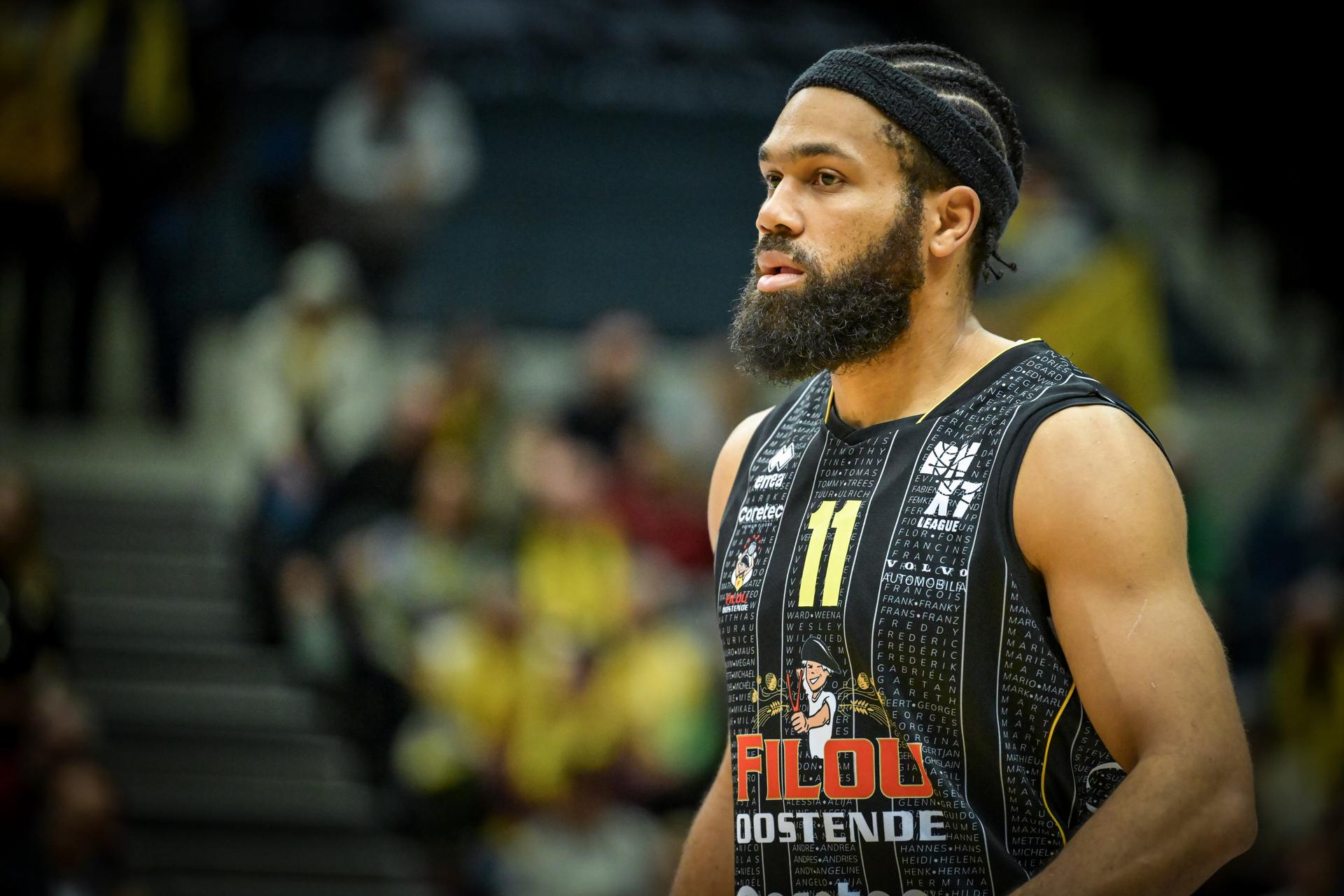 Oostende's Silas Melson pictured during a basketball match between Leuven Bears and BC Oostende, Saturday 13 December 2025 in Leuven, on day 11 of the 'BNXT League' Belgian/ Dutch first division basket championship. BELGA PHOTO DAVID PINTENS