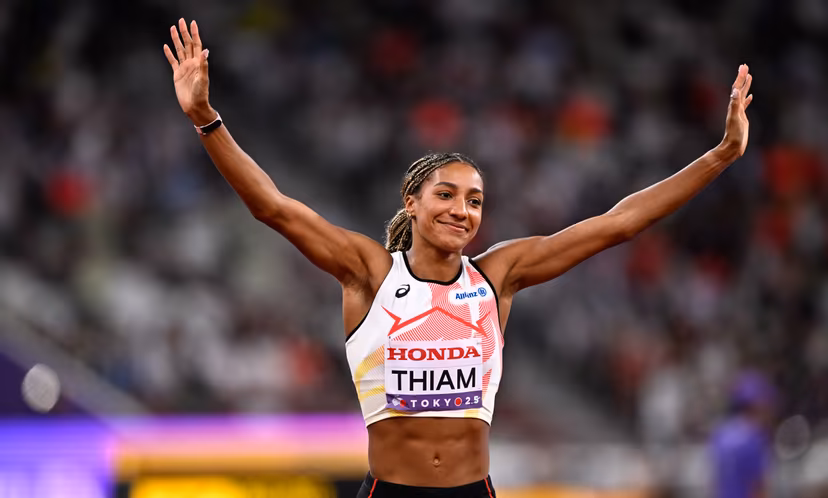 Belgian Nafissatou Nafi Thiam celebrates during the shot put event of the women's Heptathlon competition, at the World Athletics Championships in Tokyo, Japan, on Friday 19 September 2025. The outdoor Worlds are taking place from 13 to 21 September. BELGA PHOTO JASPER JACOBS