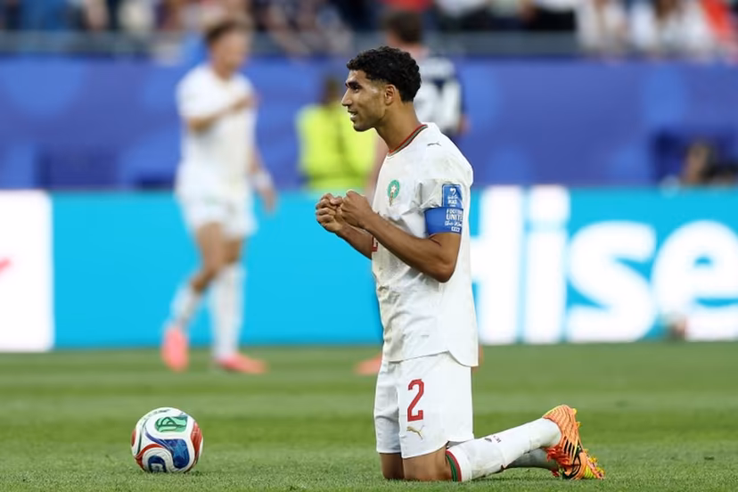 Morocco's defender #02 Achraf Hakimi reacts after winning the 2026 World Cup Group C football match between Scotland and Morocco at the Boston Stadium in Foxborough on June 19, 2026. FRANCK FIFE / AFP