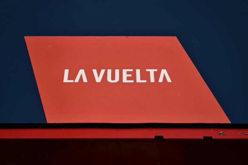 The logo of 'La Vuelta' cycling tour of Spain is pictured during the official teams presentation in Torino, Italy on August 21, 2025. Marco BERTORELLO / AFP