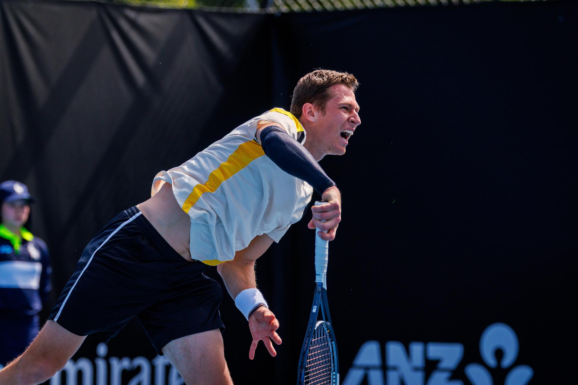 Belgium's Kimmer Coppejans pictured in action during a third round qualifying match in the men's singles against USA's Svajda at the Australian Open, Melbourne Park, Melbourne on Thursday 15 January 2026. BELGA PHOTO PATRICK HAMILTON --- BENELUX ONLY ---
