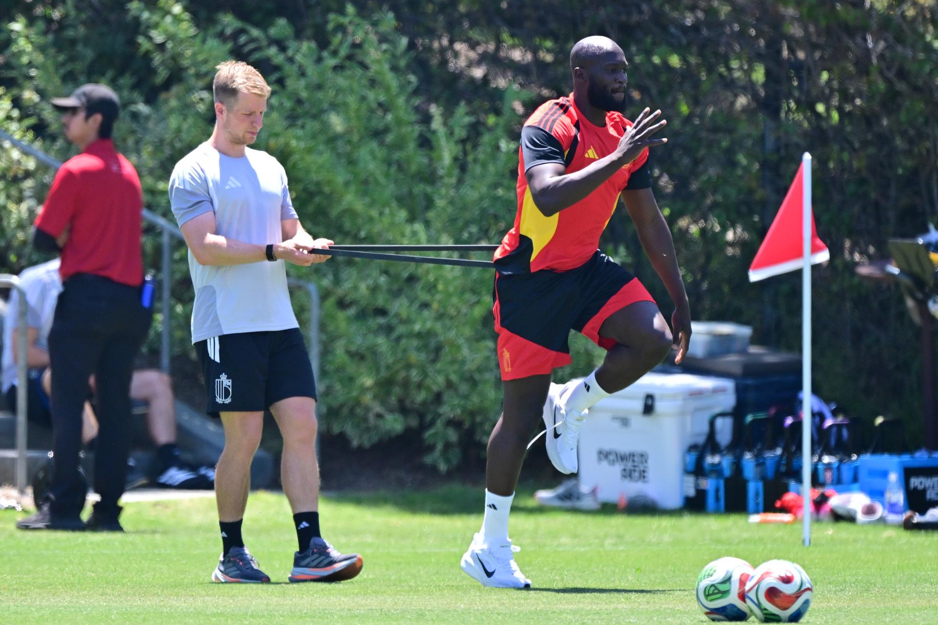 Belgium's Romelu Lukaku pictured during a training session of Belgian national soccer team Red Devils, on Thursday 09 July 2026 in Carson, Los Angeles County, California, USA. The Rode Duivels - Diables Rouges qualified for the knockout stage of the 2026 FIFA World Cup, where they'll meet Spain in the round of 8 on July 10th. BELGA PHOTO DIRK WAEM