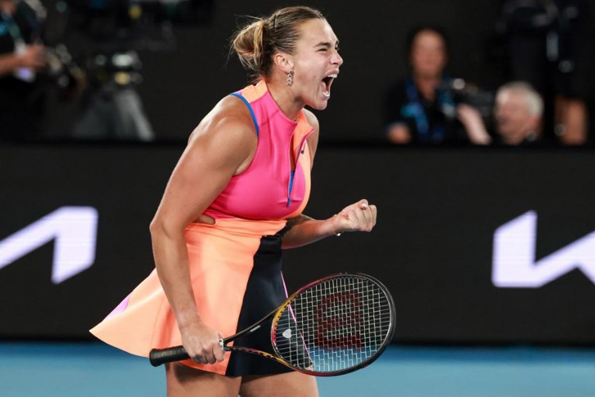 Belarus' Aryna Sabalenka reacts after a point against Kazakhstan's Elena Rybakina during their women's singles final match on day fourteen of the Australian Open tennis tournament in Melbourne on January 31, 2026. DAVID GRAY / AFP