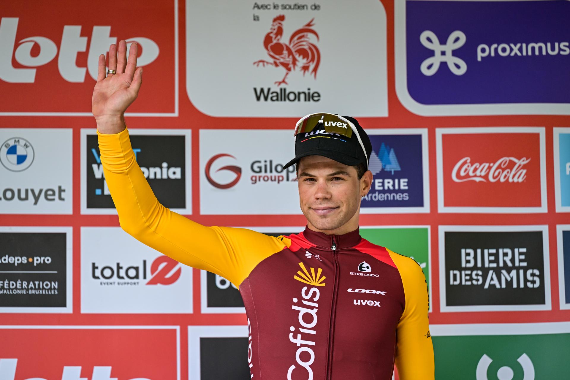 Belgian Milan Fretin of Cofidis pictured on the podium after the one day cycling race Grand Prix de Wallonie 2026 (196,8 km), in Namur, on Wednesday 16 September 2026. BELGA PHOTO DAVID PINTENS