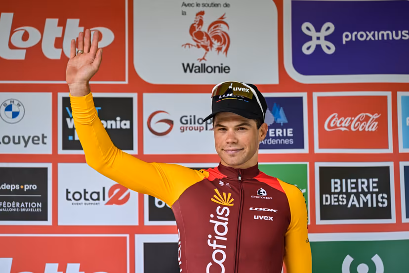 Belgian Milan Fretin of Cofidis pictured on the podium after the one day cycling race Grand Prix de Wallonie 2026 (196,8 km), in Namur, on Wednesday 16 September 2026. BELGA PHOTO DAVID PINTENS