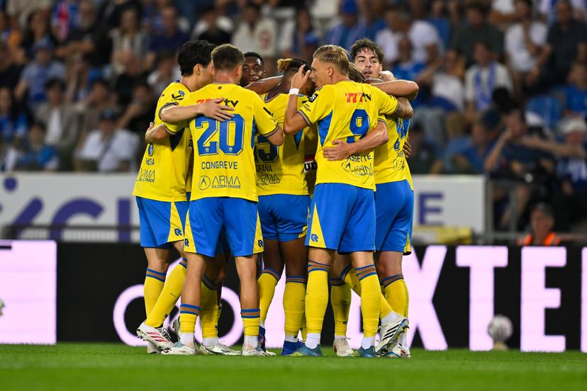 Westerlo's players celebrate after scoring during a soccer match between KRC Genk and KVC Westerlo, Saturday 15 August 2026 in Genk, on day 2 of the 2026-2027 'Jupiler Pro League' first division of the Belgian championship. BELGA PHOTO JOHAN EYCKENS