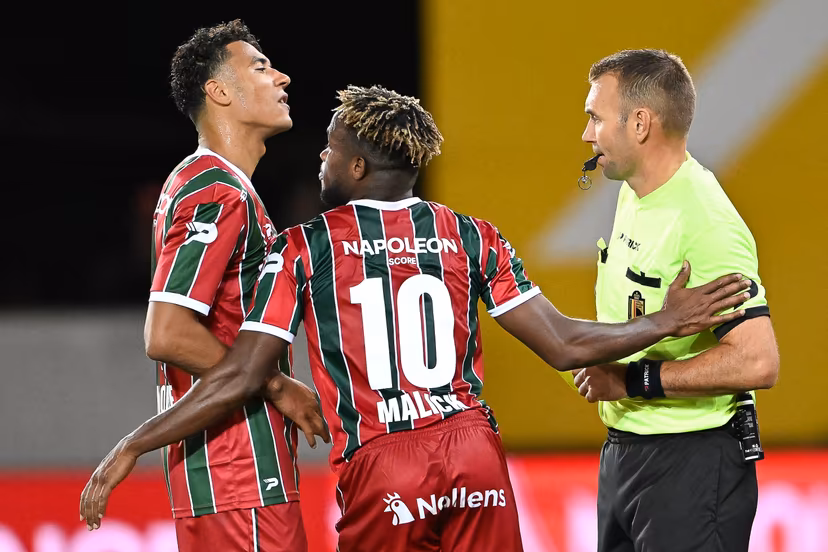 Essevee's Malick Mbaye receives a red card from the referee during a soccer match between SV Zulte Waregem and Kaa Gent, Saturday 10 October 2026 in Waregem, on day 8 of the 2026-2027 'Jupiler Pro League' first division of the Belgian championship, in Waregem. BELGA PHOTO JILL DELSAUX