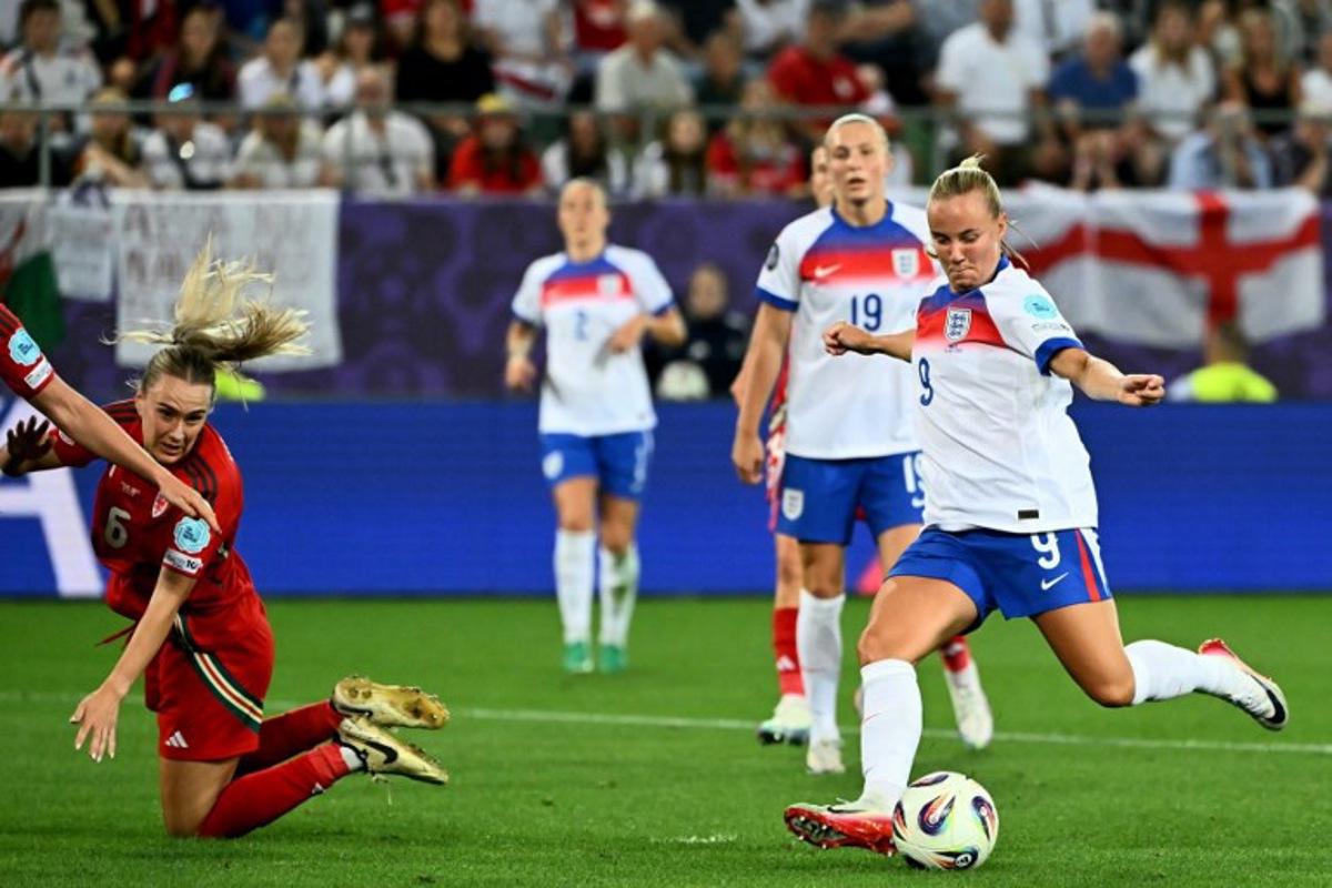 England's forward #09 Beth Mead shoots to score the fifth goal of the match during the UEFA Women's Euro 2025 Group D football match between England and Wales at the Arena St.Gallen in St. Gallen on July 13, 2025. Fabrice COFFRINI / AFP