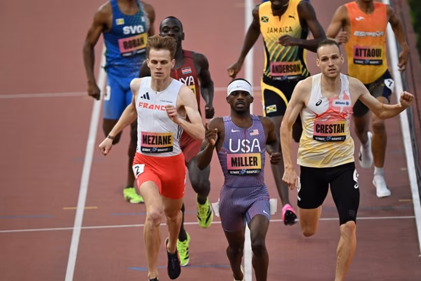 US' Brandon Miller (C) wins ahead of Belgium's Eliott Crestan (R) and France's Yanis Meziane (L) in the men's 800m semi-final during the World Athletics Ultimate Championship at the Gyula Zsivotzky National Athletics Centre, in Budapest on September 12, 2026. Attila KISBENEDEK / AFP