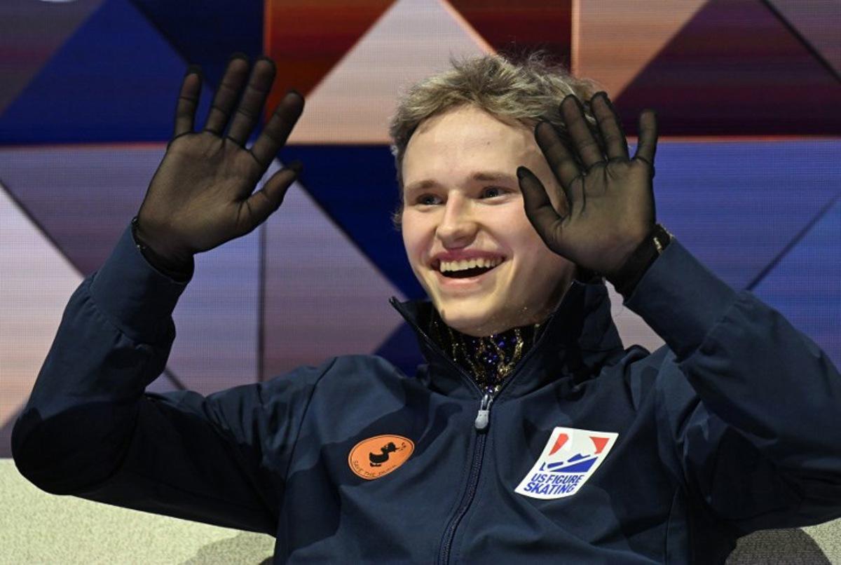 USA's Ilia Malinin celebrates after performing during the men's free skating program of the 2026 ISU Figure Skating World Championships in Prague, Czech Republic on March 28, 2026. Michal Cizek / AFP