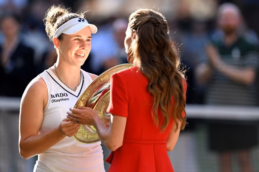 Britain's Catherine, Princess of Wales gives the winner's trophy, the Venus Rosewater Dish, to Czech Republic's Linda Noskova after her victory against Czech Republic's Karolina Muchova at the end of their women's singles final tennis match on the thirteenth day of the 2026 Wimbledon Championships at The All England Lawn Tennis and Croquet Club in Wimbledon, southwest London, on July 11, 2026. Kirill KUDRYAVTSEV / AFP