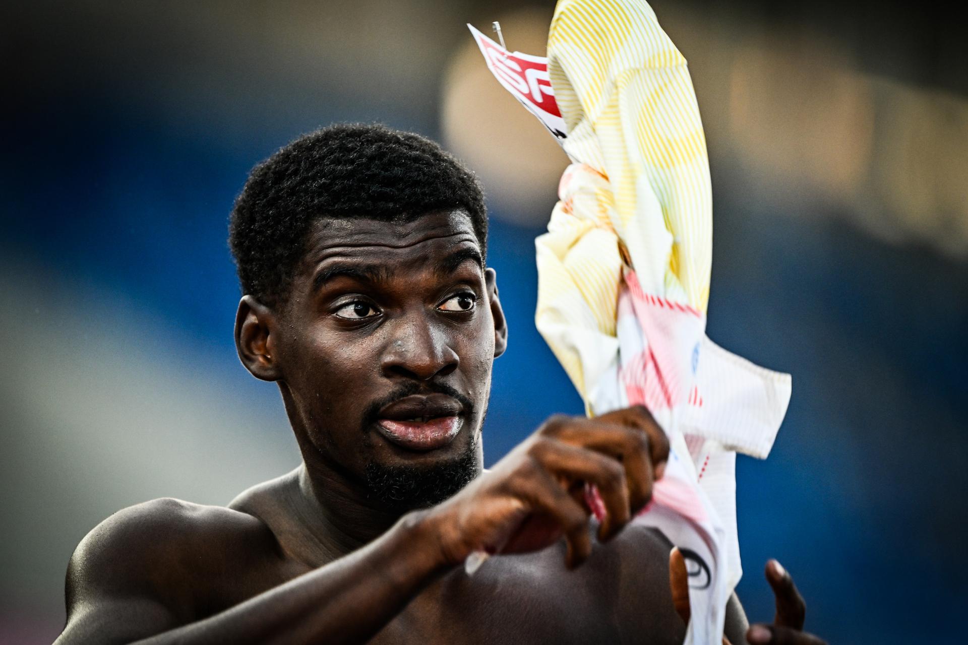 Belgium's Elie Bacari reacts during the semifinals of the Men 110m hurdles race, on the second day of the European Athletics Championships (August 10-18) in Birmingham, United Kingdom, on Wednesday 12 August 2026. BELGA PHOTO ERIC LALMAND
