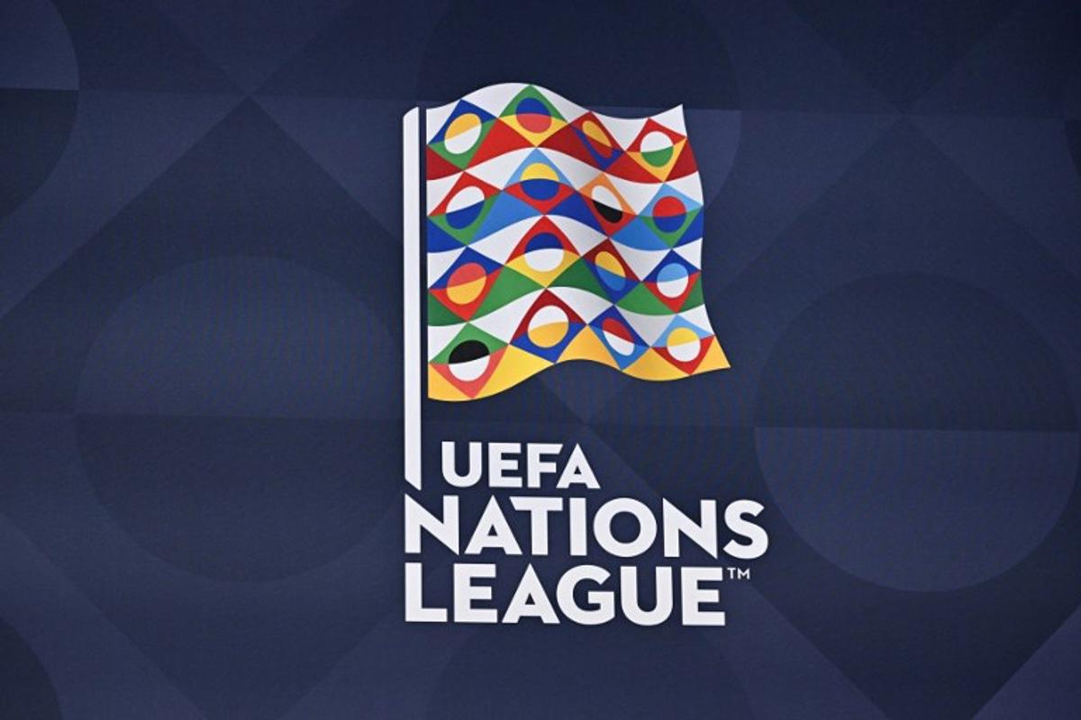 A photograph shows the logo of the UEFA Nations League during the 2023 UEFA Nations League football finals draw in Nyon, Switzerland, on January 25, 2023. The draw determines the semi-final pairings for the four-team 2023 UEFA Nations League football finals in Rotterdam and Enschede, as semi-finals will be played on June 14 and June 15, 2023, with the third-place play-off and final both on June 18, 2023. Fabrice COFFRINI / AFP
