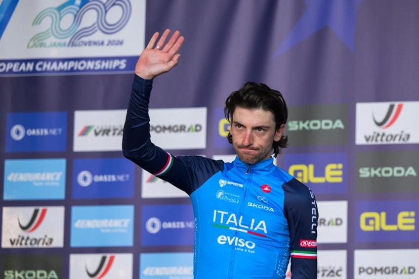 Silver medallist Italy's rider Giulio Ciccone reacts on the podium after the men's elite road race of the UEC European Road Cycling Championships in Sencur, near Ljubljana, Slovenia, on October 4, 2026. JURE MAKOVEC / AFP