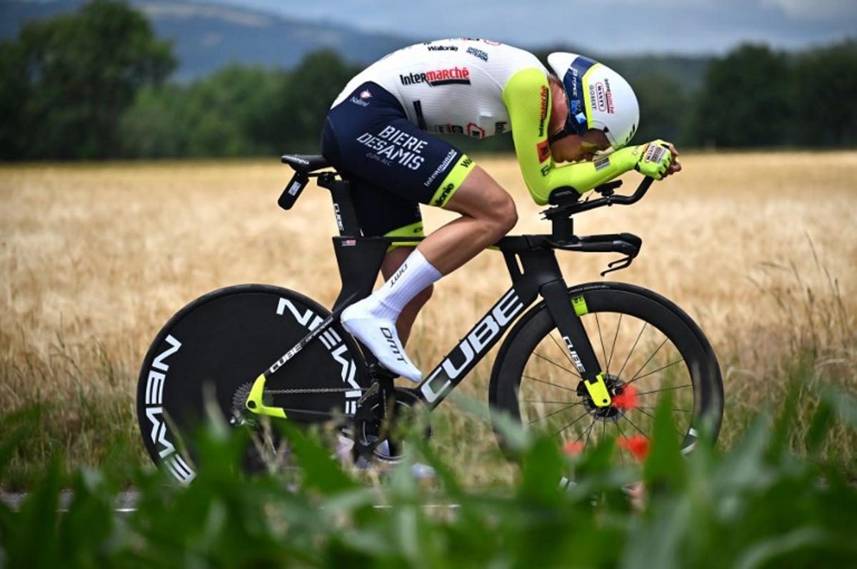 Intermarche-Wanty-Gobert Materiaux team's Danish rider Julius Johansen rides during the fourth stage of the 74th edition of the Criterium du Dauphine individual time trial cycling race, 31.9 km between Montbrison and La Batie d'Urfe, central eastern France, on June 8, 2022. Marco BERTORELLO / AFP