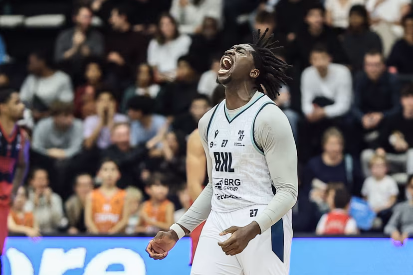 Brussels' Jared Ambrose celebrates during a basketball match between Brussels Basketball and Spirou Charleroi, Friday 14 November 2025 in Brussels, on day 8 of the 'BNXT League' Belgian/ Dutch first division basket championship. BELGA PHOTO BRUNO FAHY